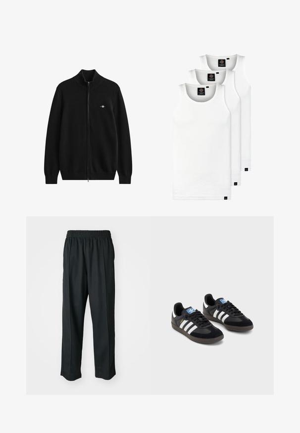 Black zip-up cardigan sweater with ribbed collar and cuffs. Made of soft material, featuring a small embroidered logo on the chest.; Three white ribbed tank tops made of cotton. Features a crew neck and small black labels near the hem. Available in multiple sizes.; Black athletic pants with an elastic waistband, made of smooth fabric, featuring subtle side stitching and a relaxed fit, straight leg design.; Black sneakers with a suede and synthetic upper, featuring three white stripes, textured rubber sole, and blue logo tag on the tongue.