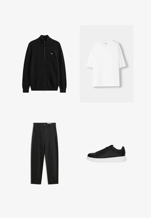 Čierny sveter na zips s rebrovaným golierom a manžetami. Vyrobený z jemného materiálu, s malým vyšívaným logom na hrudi.; Biela tričko s krátkym rukávom vyrobené z bavlny, s okrúhlym výstrihom a voľným strihom. Hladká textúra, bez viditeľných vzorov alebo akcentov.; Čierne bavlnené nohavice s voľným strihom, s klasickým pásom, prednými záhybmi a bočnými vreckami. Hladká textúra bez vzorov.; Čierne atletické tenisky s hladkou koženou textúrou, bielou gumovou podrážkou, zaoblenou špičkou a dizajnom so šiestimi dierkami na šnurovanie.