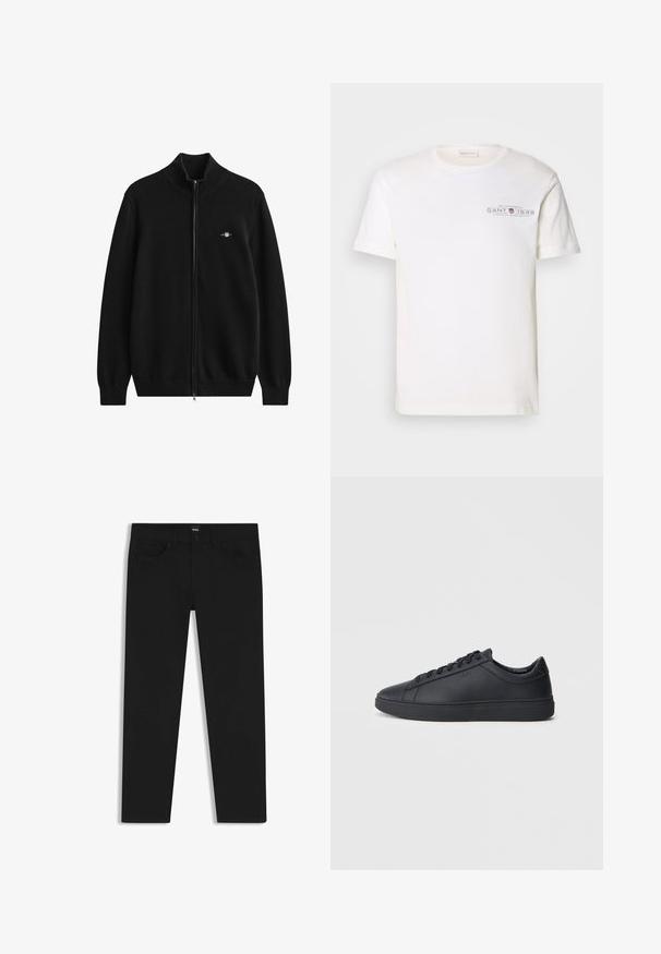 Black zip-up cardigan sweater with ribbed collar and cuffs. Made of soft material, featuring a small embroidered logo on the chest.; White cotton t-shirt with a crew neck, short sleeves, and a printed logo. Features minimalist design and relaxed fit.; Black denim trousers with a straight cut, featuring a standard waistband, five pockets, and a button closure. Smooth texture throughout.; Black sneakers made of smooth leather with a low-top design, round toe, and flat rubber sole. Features laces and subtle branding.