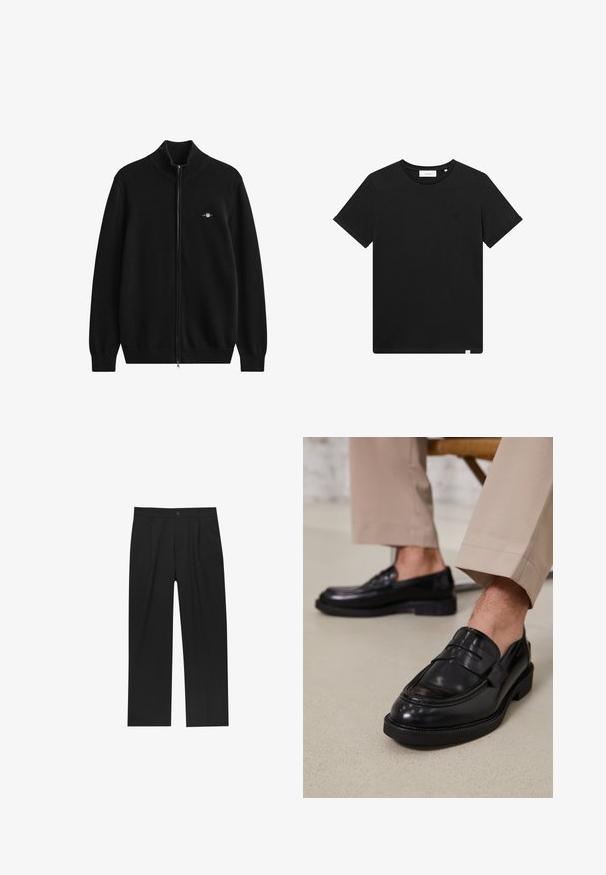 Musta vetoketjullinen neuletakki, jossa on resorireunainen kaulus ja hihansuissa. Valmistettu pehmeästä materiaalista, jossa on pieni kirjailtu logo rinnassa.; Lyhythihaine musta T-paita, joka on valmistettu puuvillasta. Paidassa on pyöreä pääntie ja pieni brodeerattu logo rinnassa. Sujuva rakenne, normaali istuvuus.; Mustat housut suoranlahkeisella muotoilulla, valmistettu sileästä kankaasta. Ominaisuuksiin kuuluu etupleateet ja yksi nappikiinnitys vyötäröllä.; Musta nahkakengät, joissa on sileä pinta, koristetasku ja kontrastisomistus, yhdistettynä vaaleanbeigeihin housuihin.