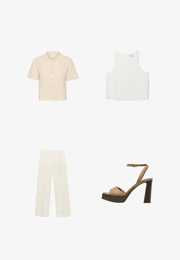 Kratki rukavi s dugmadi u krem boji, izrađen od teksturirane tkanine s mekanim završetkom. Sadrži ovratnik i dugmad slična biseru.; Bijela bezrukavna majica s okruglim izrezom, koja ima suptilnu teksturu, detalj u obliku ključa na leđima i ravni rub.; Hlače širokog kroja u svijetloj krem boji. Izrađene su od glatkog materijala s plisama sprijeda i bočnim džepovima.; Beige suedirane sandale s visokim potpeticama, širokom prednjom trakom i trakicom oko gležnja, s debelom drvenom blok-potpeticom s teksturiranim završetkom.