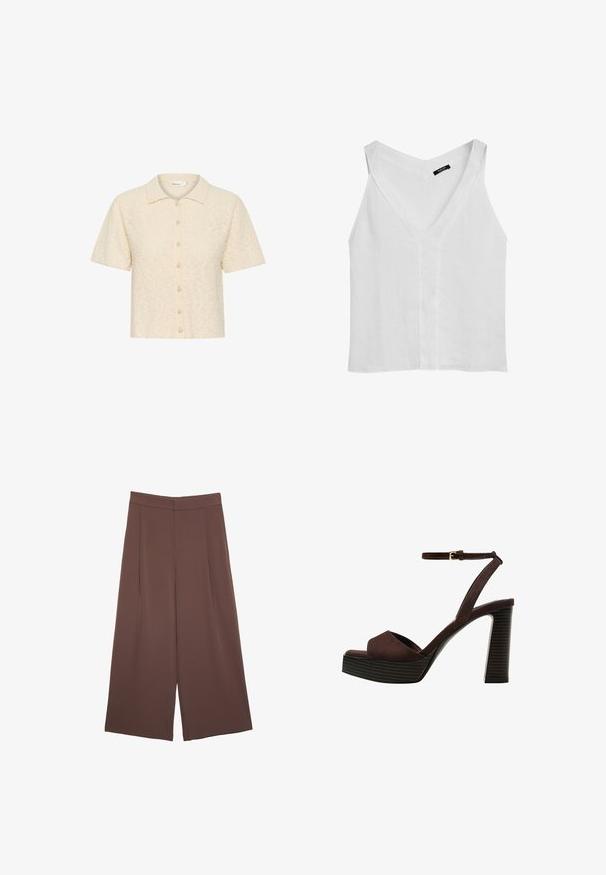 Košile s krátkým rukávem v krémové barvě, vyrobená z texturované tkaniny s jemným povrchem. Má límec a zapínání na knoflíky podobné perle.; Massimo Dutti FLOWING DOUBLE FABRIC GARMENT - Top - white; Hnědé široké kalhoty s hladkou texturou, vysokým pasem a předními záhyby. Materiál je lehký a volně splývá.; Hnědé semišové sandály na vysokém podpatku s otevřenou špičkou, nastavitelným páskem kolem kotníku a proužkovou platformou.