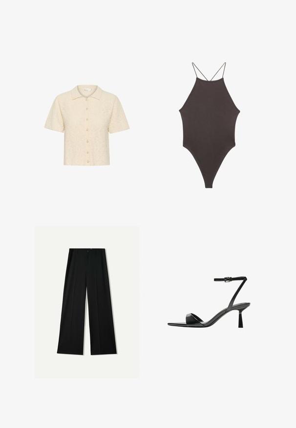 Kratki rukavi s dugmadi u krem boji, izrađen od teksturirane tkanine s mekanim završetkom. Sadrži ovratnik i dugmad slična biseru.; Smeđi jednodijelni kupaći kostim s visokim ovratnikom i tankim, prilagodljivim trakama; ima visoko izrezane nogavice i glatku teksturu. Bez uzoraka ili dekoracija.; Bershka WIDE - Hlače - black; Bershka Sandale s visokom petom - black