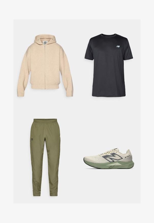 Beige hette zip-up genser laget av ribbet stoff. Har en frontglidelås og lett senkede skuldre for en avslappet passform.; New Balance T-skjorte til trening - black; Olivengrønne treningsbukser med elastisk midjebånd, smale ben, en glatt tekstur og en liten svart logo på venstre side.; Løpesko med en strukturell lys kremfarge på overdelen, en grå sidologo og en grønn mellomsåle med et trekantet design. Svart såle.
