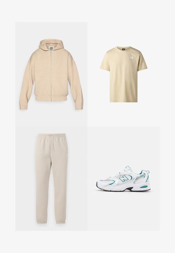 Felpa con cappuccio beige, chiusura a zip, realizzata in tessuto a coste. Presenta una zip frontale e spalle leggermente scese per una vestibilità comoda.; T-shirt beige a maniche corte con collo tondo e piccolo logo bianco The North Face sul lato sinistro del petto.; Pantaloni della tuta beige chiaro realizzati in tessuto morbido, con una vita elastica, un cordoncino regolabile e polsini a vite alle caviglie.; Scarpa sportiva bianca con pannelli in rete e sintetici, dettagli turchesi, punta arrotondata, lacci frontali e suola in gomma nera.