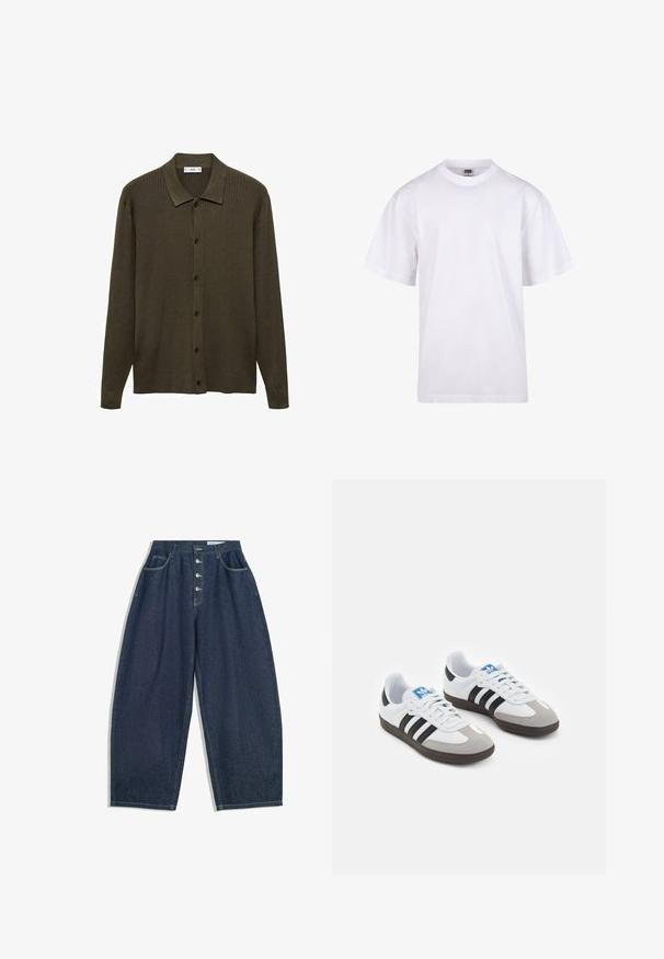 Dunkelolivgrüner Cardigan aus geripptem Strickstoff. Mit durchgehender Knopfleiste, spitzem Kragen und langen Ärmeln.; Weißes Baumwoll-T-Shirt mit Rundhalsausschnitt, kurzen Ärmeln und lockerer Passform. Hat ein schlichtes Design ohne Muster oder Akzente.; Dunkelblaue Denim-Hose mit weiter Beinform und hoher Taille, fünfknöpfigem Verschluss und fünf Taschen. Mit Steppnähten an den Nähten.; Sportschuhe mit einem Obermaterial aus weißem Leder, grauer Wildleder-Zehenkappe und drei schwarzen Streifen. Sie verfügen über ein blaues Logo auf der Zunge und eine strukturierte Gummisohle.