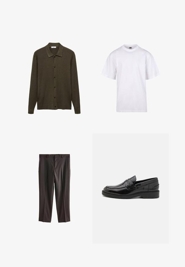 Temno olivno zelena kardigan iz rebraste pletenine. Ima zapenjanje s spr fronto, usnjeni ovratnik in dolge rokave.; Bela bombažna majica s krojem na vratu, kratkimi rokavi in ohlapnim fitom. Ima enostaven dizajn brez vzorcev ali dodatkov.; Temno rjave hlače z ravnim sprednjim delom, dvema stranskima žepoma, krojem po meri in gladko teksturo tkanine. Standardni pas z zankami za pas.; Črne usnjene loaferje z gladko površino, zaobljenim nosom, nizko peto in dekorativnim šivom spredaj. Guma na podplatu za boljši oprijem.