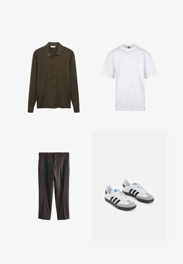 Cardigan de culoare verde măslin închis, fabricat dintr-un material tricotat cu model striat. Dispune de un sistem de închidere cu nasturi, guler ascuțit și mâneci lungi.; Tricou alb din bumbac, cu guler rotund, mâneci scurte și croială lejeră. Dispune de un design simplu, fără modele sau accente.; Pantaloni de costum de culoare maro închis, cu un design drept, două buzunare laterale, croi ajustat și o textură a țesăturii netedă. Talie standard cu pasa pentru curea.; Încălțăminte sport cu un superior din piele albă, vârf din suede gri și trei dungi negre. Prezintă un logo albastru pe limbă și o talpă din cauciuc texturat.