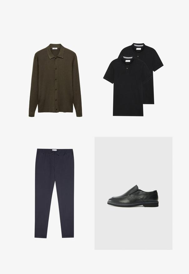 Tamno maslinasto zelena kardigan napravljen od rebrastog pletenog materijala. Ima prednji deo sa dugmadima, oštar kragnu i duge rukave.; Dva crna polo majice, kratki rukavi, pamučni materijal, sa klasičnom ovratnikom, čepom sa dva gumba i bijelim prugastim detaljima unutar ovratnika.; Tamno plave hlače od lagane tkanine; sadrže elastičnu traku sa vezicom i sužene nogavice. Glatka tekstura i bez vidljivih uzoraka.; Crne kožne cipele na sklapanje s glatkom gornjom površinom, prošivenim detaljima, zaobljenim vrhom i niskim gumene potplate. Potplat ima minimalne uzorke.