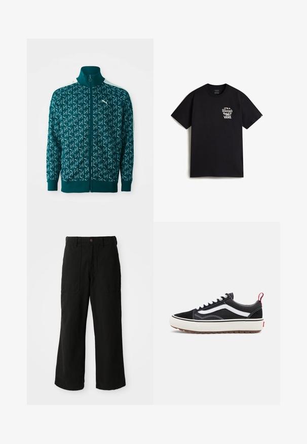 Giacca a zip color turchese con un motivo a logo ripetuto, colletto e polsini a costine, con dettagli bianchi lungo le spalle.; Maglietta nera in cotone con un design grafico testuale bianco sul lato sinistro del petto che recita "È un mondo distorto Vans." Stile classico con collo a giro.; Pantaloni neri a gamba larga realizzati in tessuto morbido, dotati di tasche frontali e chiusura a bottone in vita. Design minimalista senza motivi visibili.; Sneaker nera in tela con striscia laterale bianca, suola in gomma e lacci rossi. Presenta lacci prominenti e un colletto imbottito per il comfort.