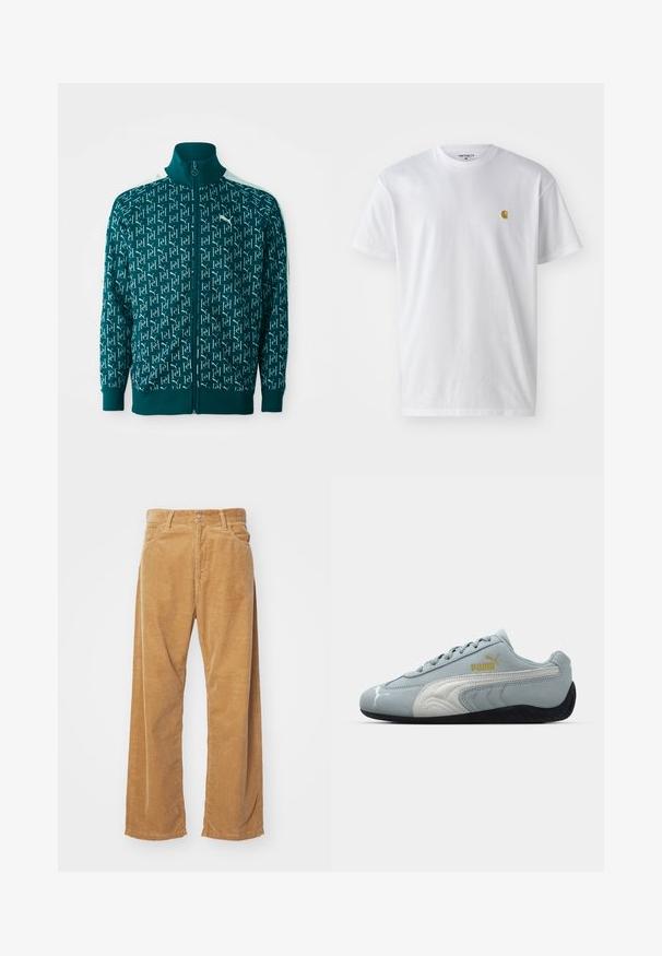 Teal zip-up jacket featuring a repeating logo pattern, ribbed collar and cuffs, with white accents along the shoulders.; White cotton t-shirt with short sleeves, crew neck, featuring a small gold logo on the left chest area. Soft texture and regular fit.; Corduroy wide-leg pants in a tan color. Features textured, vertical ridges, with a standard waistband and two front pockets.; Light blue suede sneaker with white accents, textured side design, black rubber sole, and gold logo. Designed for casual wear.