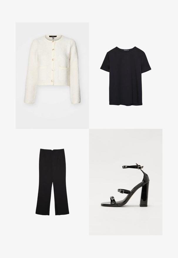 Bela teksturirana skrajšana jopica z okroglim izrezom, petimi gumbi za zapiranje, dvema sprednjima žepoma in rahlo napihnjenimi rokavi.; Enostavna črna bombažna majica s kratkimi rokavi in okroglim izrezom, prikazana na belem ozadju.; Črne hlače ravnega kroja z naglavnimi žepi in stranskimi razporki na robu. Narejene iz mehke, gladke tkanine. Primerne za različne priložnosti.; Črne lakaste sandale z visokimi petami, z dvema trakovoma z zaponkama, kvadratnim sprednjim delom in masivno širšo peto, z gladko, sijočo teksturo.