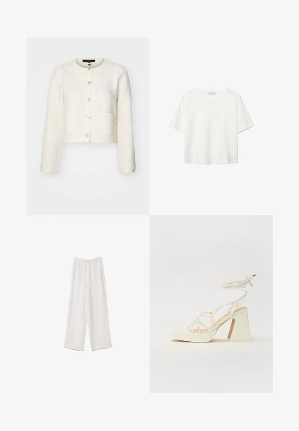 Biely textúrovaný krátky kardigan s okrúhlym výstrihom, uzatváraním na päť gombíkov, dvoma prednými vreckami a jemne naberanými rukávmi.; Biela krátkopsová tričko vyrobené z bavlny. Má okrúhly výstrih a voľný strih. Hladká textúra bez viditeľných vzorov alebo akcentov.; Biele široké nohavice vyrobené z ľahkej tkaniny. Obsahujú elastický pás so sťahovacou šnúrkou a bočné vrecká. Hladká textúra.; Biele sandále na vysokom opätku s hrubým podpätkom, s pruhovaným dizajnom a viazaním na členku. Hladký povrch s platformou vpredu pre zvýšenú výšku.