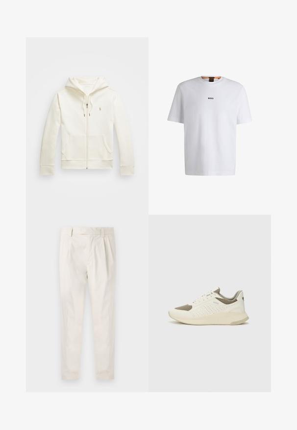 Krema barve zip-izjavljena kapuca iz gladkega blaga, ki ima sprednji žep, kapuco z vrvico in majhen logotip na prsih.; Bela bomba iz bombaža s kratkimi rokavi, ki ima črni logotip "BOSS" na sredini prsnega dela in okroglo obliko ovratnika.; Bele, plisirane hlače s krojenim prileganjem, z gladko teksturo, z zankami za pas in ožjimi hlačnicami. Brez vidnih žepov ali vzorcev.; Beli in svetlo bež športni copat, s mrežastim zgornjim delom, perforiranimi detajli in teksturirano srednjim delom z blagovno znamko na peti.