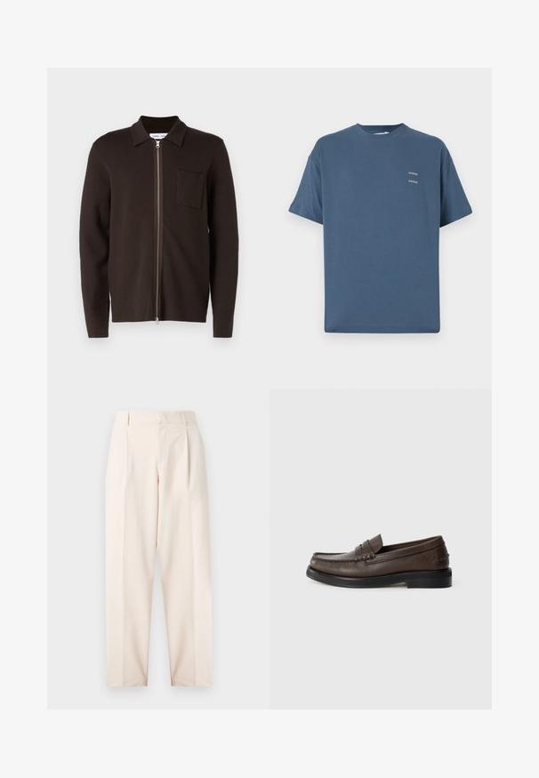 Pulover crem cu fermoar, cu guler, mâneci lungi, o buzunar simplu pe partea stângă a pieptului și o textură netedă.; Tricou din bumbac albastru cu guler clasic de tip crew, mâneci scurte, croială lejeră și două mici logo-uri imprimate pe piept. Textură netedă.; Pantaloni bej croiți, cu talie înaltă, plisuri și un design drept. Realizați dintr-un material neted, cu buzunare laterale și un finisaj curat.; Mocasini din piele maro, cu vârful rotund, cusături detaliate și o talpă plată neagră. Prezintă o mică curea decorativă pe glezna piciorului.