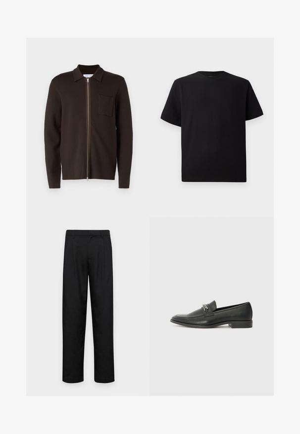 Sweater castanho com fecho éclair, gola, mangas longas, um bolso simples no lado esquerdo do peito e uma textura suave.; T-shirt preta de mangas curtas feita de tecido texturizado, com decote redondo e um corte descontraído. Simples, sem padrões ou detalhes.; Calças pretas feitas de tecido suave, com um design de perna reta, dois pregas frontais e uma cintura padrão com passantes para cinto.; Sapatilha de couro preta com um acabamento suave, apresentando um design cosido e um detalhe decorativo de corrente de metal atravessando o peito do pé. Salto baixo.