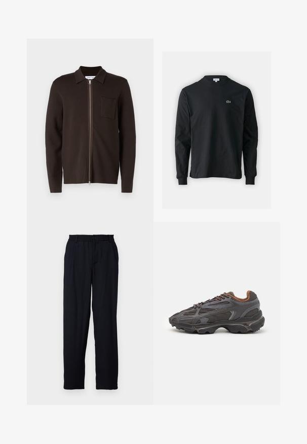 Rjav zip-up pulover s ovratnikom, dolgimi rokavi, preprosto žepom na levem prsnem delu in gladko teksturo.; Črna dolgi rokavi majica iz bombaža, z okroglim ovratnikom in majhnim zelenim vezenim logotipom krokodila na levem prsnem delu.; Libertine-Libertine ALIVE - Hlače - dark navy; Lacoste teniske v temno sivi barvi z mrežasto in sintetično prevleko, s teksturiranim podplatom in rjavimi detajli na ovratniku ter blagovni znamki.