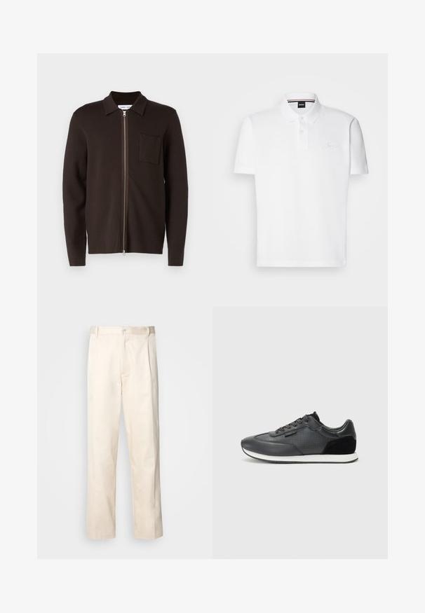Hnedý zipsový sveter s golierom, dlhými rukávmi, jednoduchou vreckom na ľavej hrudi a hladkou textúrou.; Biela polo tričko vyrobené z bavlneno-polyesterovej zmesi, s golierom, dvoma gombíkmi na prednej strane a jemne vyšitým logom na hrudi.; Béžové bavlnené nohavice so strihom rovného nohu, s gombíkovým zapínaním a záhybmi vpredu pre pridanie detailu.; Čierne športové tenisky s koženým zvrškom a perforovanými detailmi, zamšovými akcentmi a bielou gumovou podrážkou. Klasický dizajn na šnurovanie.