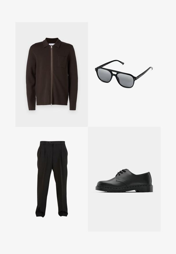 Maglione bruno con zip, colletto, maniche lunghe, una tasca semplice sul petto sinistro e una texture liscia.; Due magliette in cotone, una bianca e una nera, a maniche corte con scollo tondo, caratterizzate da un piccolo logo sul petto e una trama liscia.; Pantaloni neri in tessuto morbido, con pieghe frontali, vita con bottone e polsini a gamba affusolata. Silhouette classica e sartoriale.; Scarpa oxford in pelle nera con design con lacci, punta arrotondata, suola piatta in gomma e dettagli di cucitura discreti lungo la parte superiore.; Occhiali da sole neri con montatura rettangolare, lenti grigie oscurate e design con intaglio sul ponte. Materiale plastico lucido e slanciato, con tempie sottili.