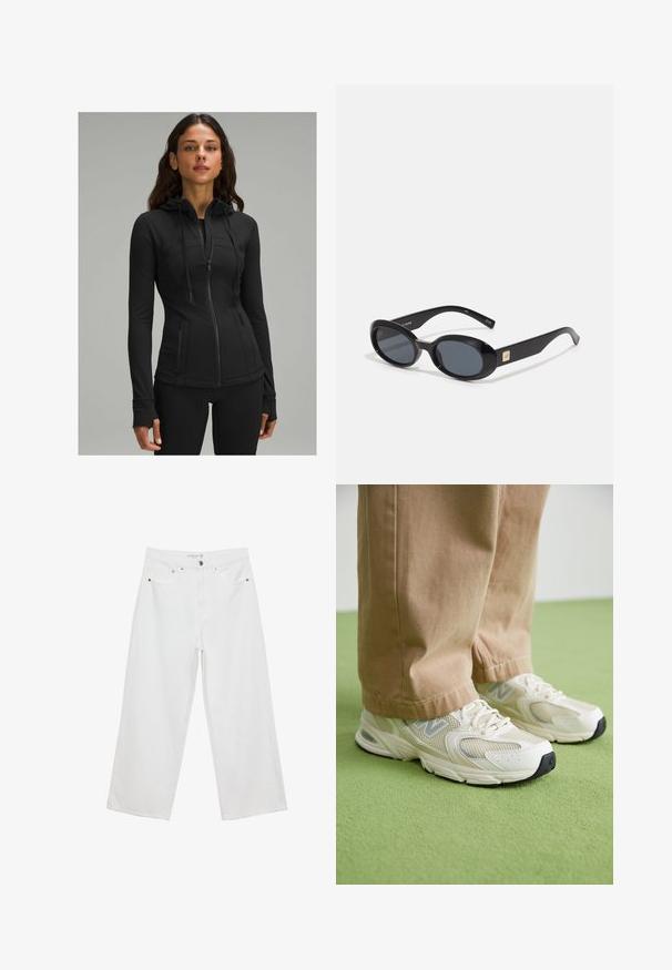 lululemon DEFINE HOODED NULU™ - Mikina na zip - black; Bílé bezrukávové tílko se čtvercovým výstřihem, hladkou texturou a přiléhavým střihem. Vyrobeno z lehkého materiálu.; Bílé široké džíny z denimu s vysokým pasem, které mají pět kapes a kovové ozdoby. Hladký povrch, bez viditelných vzorů.; Beige síťované a syntetické tenisky s bílou podrážkou, se šněrováním a šedým logem, na zeleném pozadí.; Černé oválné sluneční brýle s tmavými skly, lesklým plastovým rámem, širokými stranami a malým zlatým detailem na jedné straně.