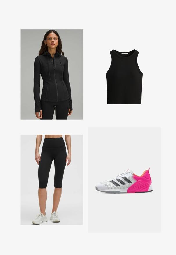 lululemon DEFINE HOODED NULU™ - Cipzáras pulóver - black; Fekete bordázott ujjatlan felső, kerek nyakú és széles karöltőkkel. Az anyag lágy hatásúnak tűnik, és testhezálló fazonú.; Fekete, magas derekú kerékpáros nadrág, rugalmas, sima anyagból, térd alatt végződik, világos színű sportcipővel párosítva.; Fehér sportcipő szürke csíkokkal, hálós felsőrész, rózsaszín sarkal és kiegészítőkkel. Szerkezete textúrázott sarokkal és gumitalppal rendelkezik. Fűzővel és párnázott gallérral.