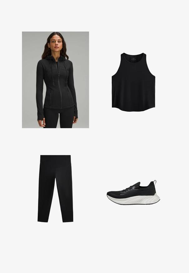 lululemon DEFINE HOODED NULU™ - Felpa con zip - black; Top senza maniche nero realizzato in tessuto liscio, caratterizzato da un collo arrotondato, taglio dritto e pannelli laterali con una leggera trama.; Leggings capri neri realizzati in tessuto elasticizzato, con vita alta e una superficie liscia. Nessun motivo visibile o decorazioni.; Scarpe sportive nere con tomaia testurizzata, suola bianca ammortizzata e branding discreto. Presentano un'utilità per il tallone e chiusura con lacci.