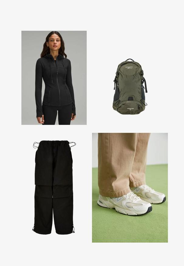 lululemon DEFINE HOODED NULU™ - Sweatjacke - black; Dunkelgrünes Langarmoberteil mit Rundhalsausschnitt, das gepunktete Textur-Akzente an den Ärmeln und einen verkürzten Saum aufweist. Mit Daumenlöchern.; Schwarze Hose aus leichtem Material, mit verstellbarem Bund und Kordelzug am Saum. Entworfen mit einer lockeren, oversized Passform und mehreren Taschen.; Beige Mesh- und Kunstlederschuhe mit weißer Sohle, ausgestattet mit Schnürung und einem grauen Logo-Detail, vor einem grünen Hintergrund.; Olivgrüner Nylon-Rucksack mit schwarzen Akzenten, 40L Volumen, verstellbaren Trägern, vorderen Reißverschlusstaschen und einem strukturierten Rautenmuster.