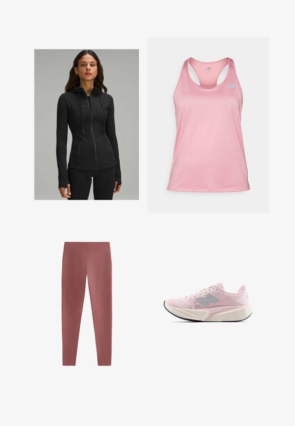 lululemon DEFINE HOODED NULU™ - Felpa con zip - black; New Balance SPORT ESSENTIALS TANK - Top - pink taffy; Leggings a vita alta in un colore rosa tenue. Tessuto morbido e stretch con dettagli delle cuciture e una silhouette aderente. Senza tasche.; Scarpe da corsa rosa chiaro con tomaia in mesh testurizzata, accenti grigi, suola intermedia bianca spessa e suola esterna nera flessibile. Presentano un collo e una linguetta imbottiti.