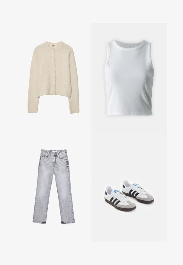 Světle béžový svetr z měkké tkaniny s kulatým výstřihem, dlouhými rukávy a zapínáním na sedm knoflíků v přední části.; Bílý žebrovaný tílko s kulatým výstřihem a bezramínkovým designem, s rovnými lemy a hladkou, elastickou strukturou.; Šedé džíny z denimu se střihy rovnými nohavicemi, s poškozenou úpravou, pěti kapsami a měděnými nýtky. Pasová část obsahuje logo štítek.; Sportovní boty s bílým koženým svrškem, šedou semišovou špičkou a třemi černými pruhy. Obsahují modré logo na jazyku a texturovanou gumovou podrážku.