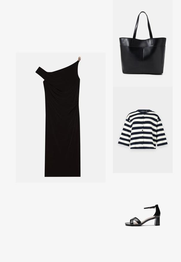 Juostuotas kardiganas, kuriame dominuoja tamsiai mėlyna ir balta spalvos, trumpomis rankovėmis, apvaliu декольте ir priekyje užsegamas mygtuku. Lygi mezgimo tekstūra.; Juoda su viena petnešėle suknelė, pagaminta iš drapiruoto audinio, su aukso akcentu ant peties, lygia tekstūra ir iki kelių ilgio.; Juodos atviros pirštų aukštakulnės šlepetės su kryžminėmis dirželiais, reguliuojamu kulkšnies dirželiu ir masyviu kulnu, pasižyminčios lygaus odos tekstūra.; Juoda odinė rankinė su dviem ilgais diržais, lygiu paviršiumi ir struktūrizuota forma. Yra priekinė kišenė papildomam saugojimui.