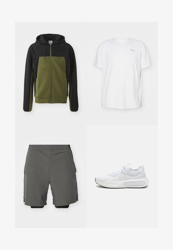 Hoodie zapinany na zamek, z czarną górną częścią i oliwkowo-zieloną dolną częścią, z kieszenią kangurką i sznureczkami przy kapturze.; Biała, krótko rękawowa koszulka sportowa wykonana z gładkiego materiału. Posiada okrągły dekolt oraz szare logo po lewej stronie klatki piersiowej, z bocznymi rozcięciami u dołu.; Grafitowe szorty sportowe z gładkiego, lekkiego materiału i elastycznym paskiem w talii, z wewnętrznymi szortami kompresyjnymi i bocznymi kieszeniami.; Białe sportowe buty z teksturowanym, dzianinowym wierzchem, sznurowanym zapięciem, wyściełaną podeszwą i charakterystycznym detalem brandingowym po boku.