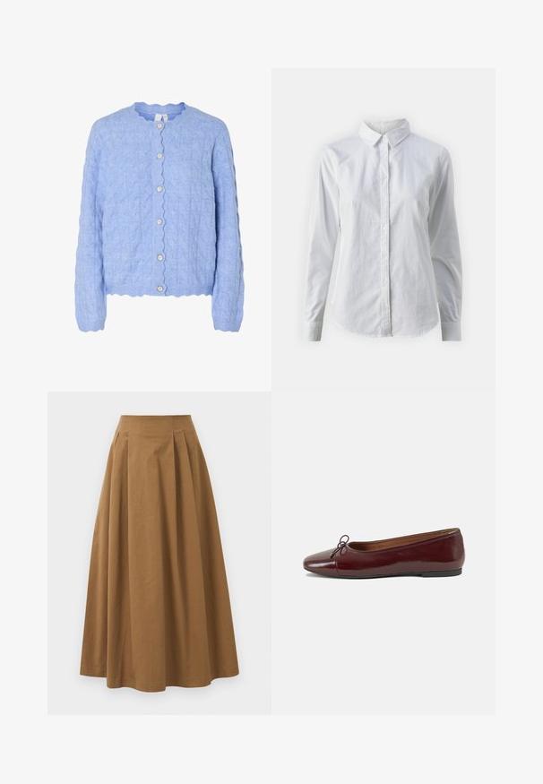 Cardigã tricotado azul-claro com decote em formato de onda, apresentando um padrão de tranças e cinco botões semelhantes a pérolas na frente.; Camisa branca de botão feita de algodão suave, com colarinho clássico, mangas longas e bainha curva. Os botões são pequenos e brancos.; Saia A-line de algodão castanho com cintura alta, apresentando pregas na parte da frente e uma textura suave. As bordas da bainha são limpas e simples.; Bailarinas em couro sintético borgonha com bico redondo, pequeno laço na frente e sola baixa em borracha preta. Textura suave.