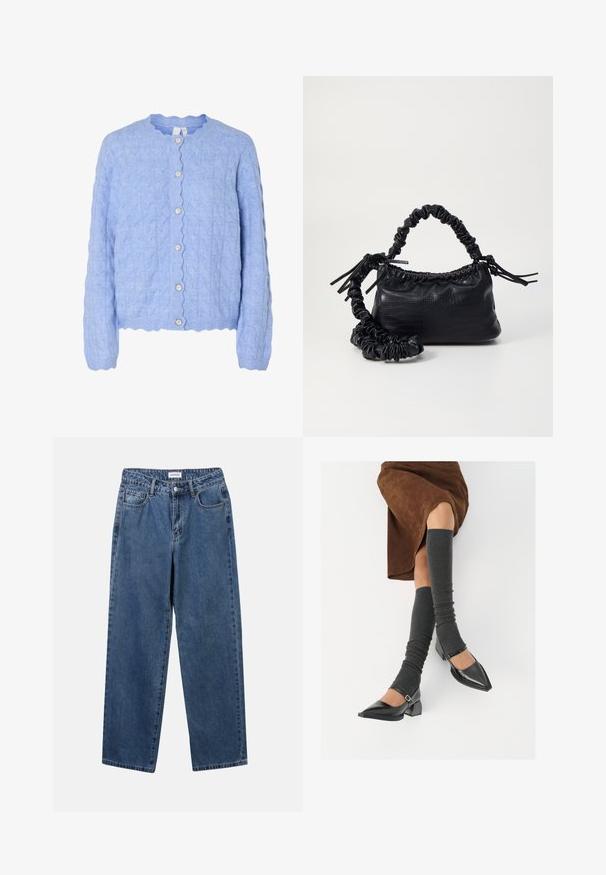 Lyseblå strikket cardigan med scallop-detaljer i halsen, dekorert med et kabelmønster og fem perlelignende knapper foran.; Hvit skjorte med knapper laget av glatt bomull, med klassisk krage, lange ermer og buet skjær. Knapper er små og hvite.; Klassiske blå denimjeans med rett ben-design, fem lommer og knappelukking. Har en middels vask og solid tekstur.; Sorte lakkpumps med spiss tå, blokkhel, og ankelstropp, kombinert med grå ribbestrikkede beinvarmere og et brunt semsket skinn skjørt.; Svart faux skinn-håndveske med krokodilletekstur, strammet topp og en rynket stropp. Ser myk og kompakt ut i designen.