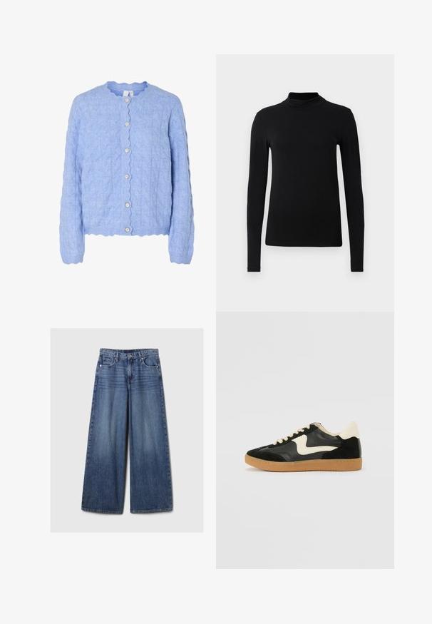 Šviesiai mėlyna megzta kardiganas su banguotu apykakle, su virvės raštu ir penkiomis perlų tipo mygtukais priekyje.; Juodas ilgomis rankovėmis megztukas su aukštu kaklu, pagamintas iš lygios medžiagos; prigludęs dizainas be matomų siūlių. Paprasta, vienspalvė.; Platus mėlynos džinsinės kelnės su išblukusiu paviršiumi, su mygtukų ir užtrauktuko uždarymu, penkiomis kišenėmis ir diržo kilpomis.; Juodos zomšo ir odos sportinės bateliai su kreminiu šoniniu swoosh ir šviesiai kreminiu kulnu. Ypatybės - smėlio spalvos raišteliai ir guminis padas.