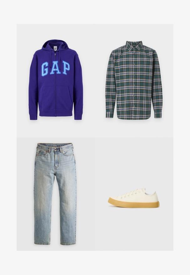 Ljubičasta zip-up dukserica s prednjim džepovima i svijetloplavim natpisom "GAP" preko prsa, s kapuljačom koja se može podešavati.; Zeleni flanel košulja s kariranim uzorkom koji sadrži plave, bijele i senf žute linije. Prednji dio s dugmadima i oštrim kragnom. Duge rukave.; Jednobojna svijetlosiva majica kratkih rukava s okruglim izrezom prikazana na bijeloj pozadini, s prednje strane bez vidljivih logotipa ili dizajna.; Svijetloplave traperice visoki struk, prednji gumb, zatvarač i dizajn s pet džepova, položene ravno na neutralnoj pozadini.; Platnene tenisice u boji slonovače s okruglim vrhom, s bež gumenim potplatima i pet rupa za vezivanje, teksturalna površina na gornjem dijelu.