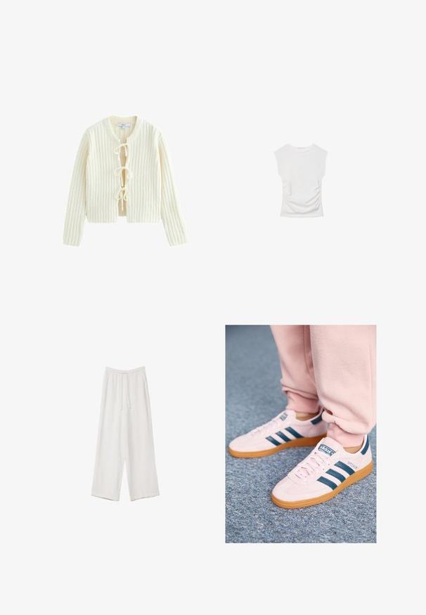 Cardigan a coste avorio con maniche lunghe, scollo rotondo e tre lacci frontali. Tessuto morbido con un taglio corto.; Top bianco a maniche corte con scollo rotondo. Caratterizzato da una texture arricciata lungo i lati e una silhouette aderente, realizzato in materiale morbido e elasticizzato.; Pantaloni a gamba larga bianchi realizzati in un tessuto leggero. Presentano una vita elastica con cordoncino e tasche laterali. Texture liscia.; Sneaker in suede rosa chiaro con strisce in pelle blu scuro e suola in gomma. Le caratteristiche includono lacci piatti e branding sul lato e sulla linguetta.