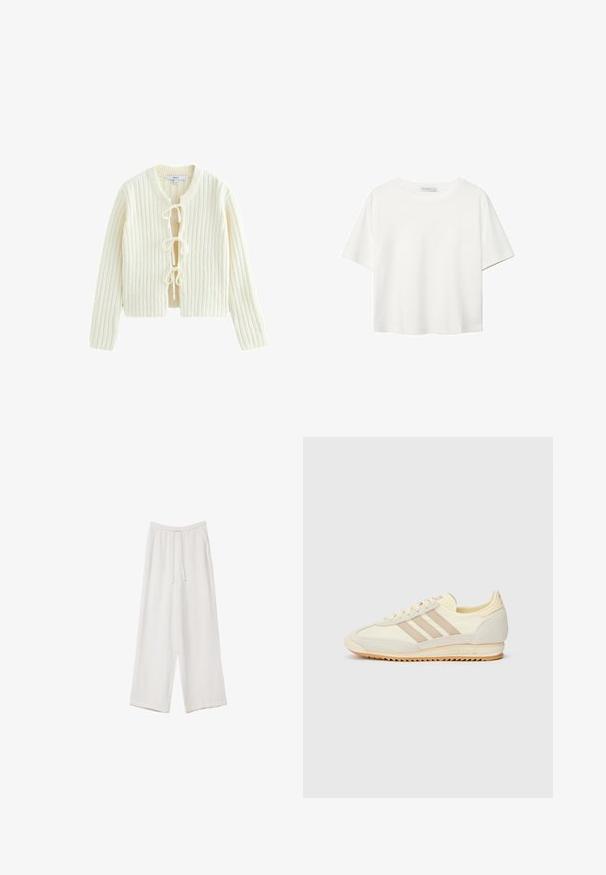 Cardigan côtelé ivoire à manches longues, col rond et trois liens à l'avant. Texture douce avec une coupe courte.; T-shirt blanc à manches courtes en coton. Doté d'un col ras du cou et d'une coupe décontractée. Texture lisse sans motifs ni accents visibles.; Pantalons larges blancs en tissu léger. Dotés d'une taille élastique avec cordon de serrage et de poches latérales. Texture lisse.; Sneaker athlétique crème avec trois rayures beiges, en matériaux en suède et textile, une semelle texturée et une marque en relief sur le talon.