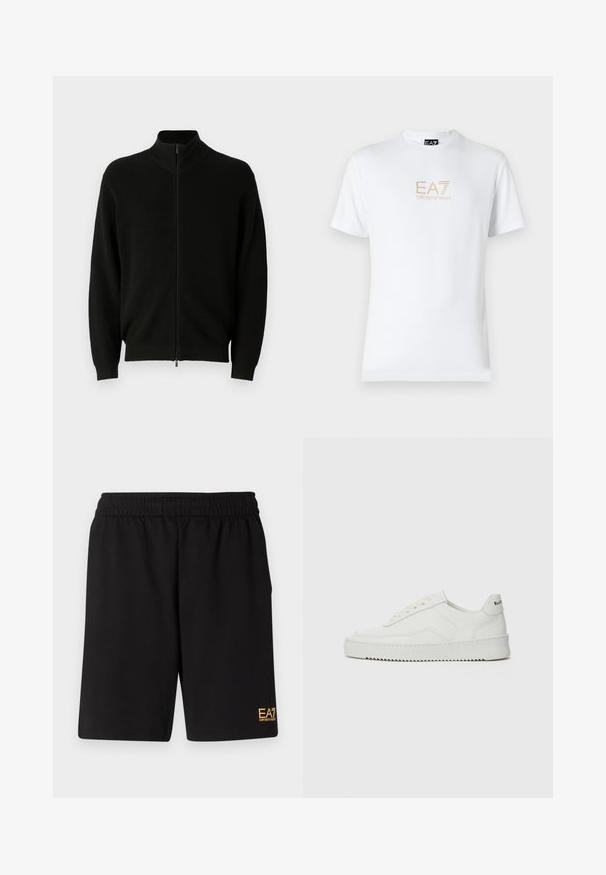 Black zip-up sweater with a high collar, ribbed texture, and long sleeves. Features a sturdy zipper and a relaxed fit.; White cotton t-shirt featuring a round neckline and short sleeves, with a gold EA7 Emporio Armani logo printed on the front.; Black athletic shorts made of soft fabric,Featuring an elastic waistband and a small yellow EA7 logo on the lower left leg.; White leather sneaker with a smooth finish, round toe, flat laces, and a textured sole. Features a subtle logo on the heel.