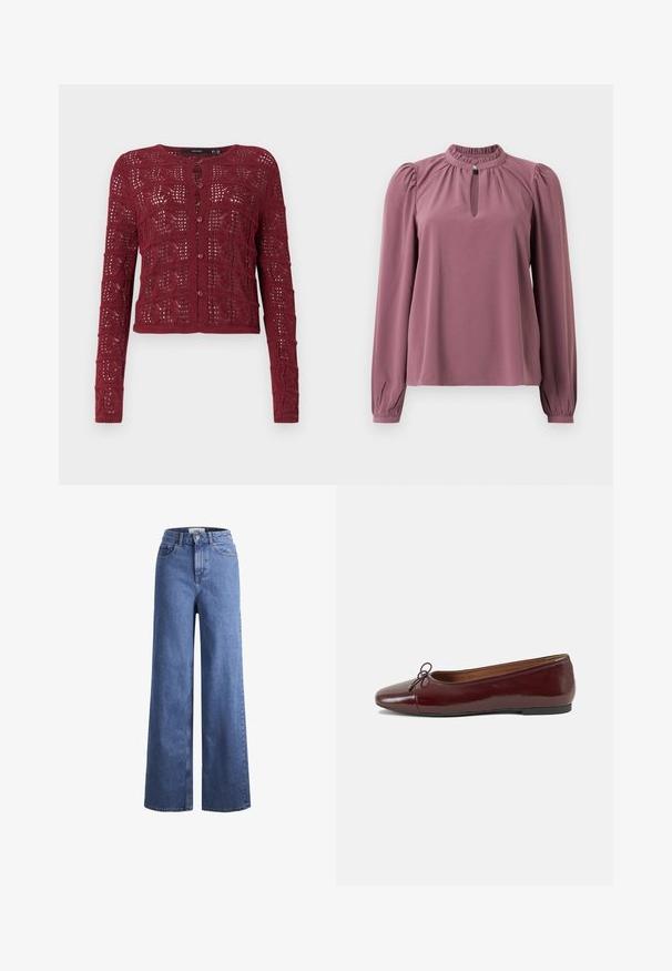 Burgundijas adīta džemperis ar teksturētu atklātu šuvju rakstu, ar apaļu kakla izgriezumu un pogu aizdari priekšpusē.; Garšā piedurkne mauve krāsas blūze ar saplacinātu apkakli, atslēgas caurumu dekoltē ar pogu aizdari un nedaudz pūkainām plecu daļām.; Gai zili džinsi ar platu kāju un augstu jostu, divas priekšējās kabatas un redzamu šuvju. Iekļauj pogas un rāvējslēdzēja aizdari.; Burgundijas laku ādas baleta kurpes ar noapaļotu purngalu, nelielu loku akcentu priekšā un zemu melnu gumijas zoli. Gluda tekstūra.