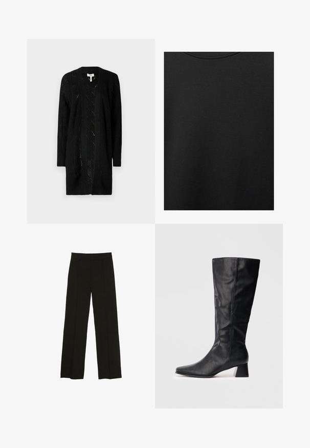 Zwarte gebreide cardigan met kabelpatronen, open voorkant en lange mouwen, met ribbelstof langs de randen.; Zwarte katoen stof met een soepele textuur en een ronde halslijn, met een subtiele, gelijkmatige nerfpatroon. Geen zichtbare logo's of accenten.; Zwarte wijde pantalon gemaakt van een soepele stof, met een aansluitende tailleband en subtiele plooien aan de voorkant voor extra textuur.; Zwarte leren laars tot halverwege het kalf met spitse neus en blokhak op een plain lichte achtergrond.