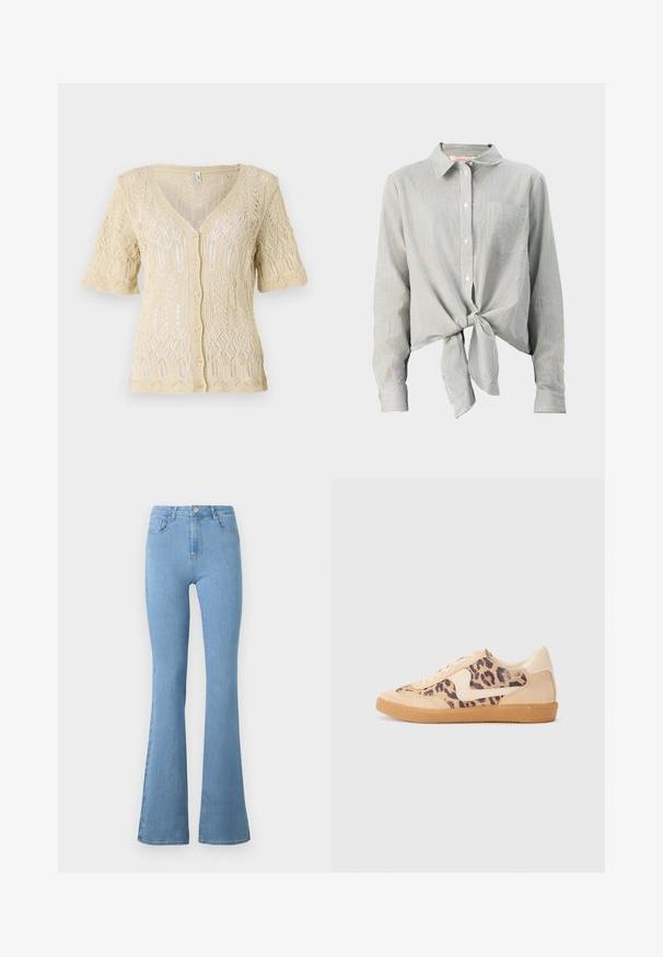 Pehmeas beežis värvitoonis kootud kardigan, V-kaelusega, lühikeste sleeves'idega ja nööpidega kinnitamine. Omab keerulisi pitsimustreid ja tekstuurset kangast.; Roheline ja valge triibuline särk, millel on ees nöör, pikad varrukad ja rinna tasku. Valmistatud kergest kangast.; Heledad sinised laiemad teksapüksid, mis on valmistatud denimist, sisaldavad kõrget vöökohaga, viit taskut, ees olevaid tõmblukke ja metallist nööbikinnitust.; Leopardi mustriga tossud, millel on beež sueded ülemine osa, pruuni kummist põhi ja valged aktsendid. Ümar nina ja lipsukujundus, millel on tekstureeritud viimistlus.