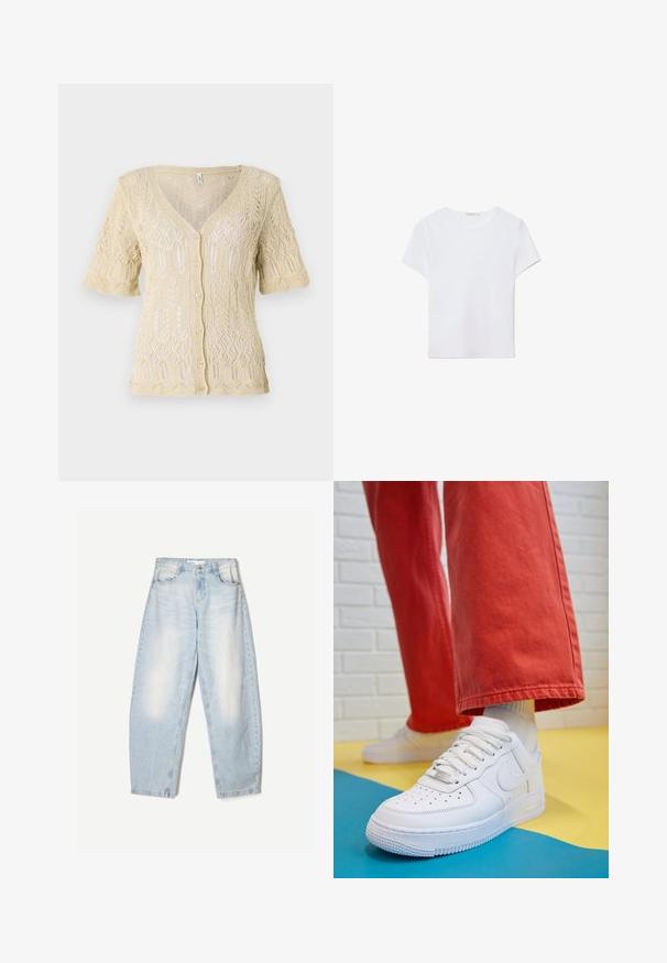 Pletený kardigán v jemnej béžovej farbe s výstrihom do V, krátkymi rukávmi a zapínaním na gombíky. Obsahuje zložitý čipkovaný vzor a textúrovanú látku.; Biela kratká dámska tričko s krátkym rukávom vyrobené z mäkkej látky. Má okrúhly výstrih a jednoduchý, čistý dizajn so rovnými okrajmi.; Svetlomodré džíny s voľným strihom, so zovretým vzhľadom, dvomi prednými vreckami a gombíkovým zapínaním na páse.; Biele kožené tenisky s perforovanou špičkou, textúrovanou podrážkou a bielymi šnúrkami, spárované so širokými červenými nohavicami na modrom a žltom pozadí.