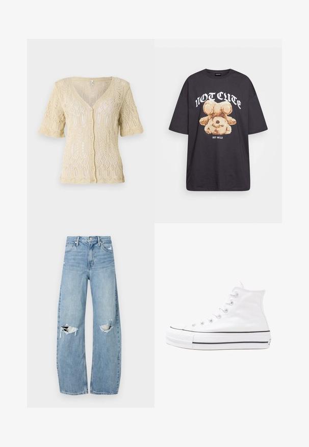 Cardigan tricoté en beige doux avec un col en V, des manches courtes et une fermeture à boutons. Présente des motifs en dentelle complexes et un tissu texturé.; T-shirt noir oversize avec un graphique d'un ours et le texte « PAS MIGNON MAIS SAUVAGE » en lettres blanches, en gras. Matériau en coton.; Jeans en denim bleu clair à taille haute. Présentent des jambes larges, deux zones déchirées aux genoux et un style classique à cinq poches.; Baskets montantes en toile blanche avec semelle en caoutchouc noir, capuchon en caoutchouc à l'avant, et six œillets pour les lacets, présentant un design épuré et minimaliste.