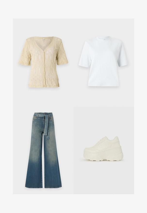 Pleteni cardigan v mehkem bež odtenku z V-izrezom, kratkimi rokavi in gumbnim zapiranjem. Ima zapletene čipkaste vzorce in teksturirano tkanino.; Svetlo modra kratka majica z napolnjenimi rokavi, izdelana iz mehkega bombaža. Ima klasičen okrogli izrez in sproščen kroj, brez vzorcev ali dodatkov.; Široke jeans hlače z gradientom od svetlo do temno modre, visokim pasom, zankami za pas in pasom iz istega materiala. Tekstura denim končnica.; Bele platformske tene z belim zgornjim delom, ki spominja na usnje, okroglo obliko, oblazinjen ovratnik ter gumo z teksturo na podplatu z izrazitimi profili.