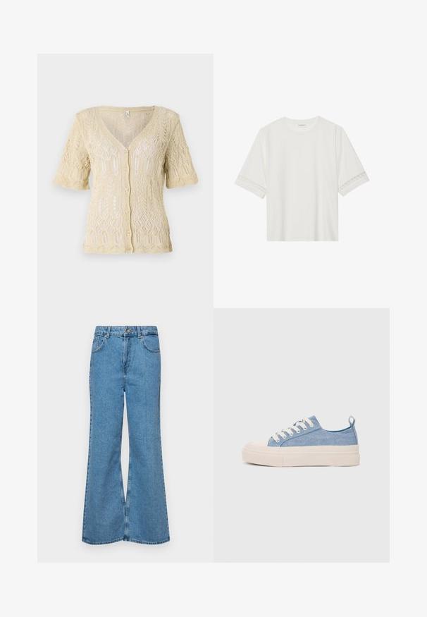 Cardigan tricotat în bej moale, cu decolteu în V, mâneci scurte și închidere cu nasturi. Prezintă modele complicate din dantelă și un material texturat.; Tricou alb cu mânecă scurtă, confecționat din bumbac, cu dantelă decorativă pe marginea mânecilor și un guler rotund.; Jeanși evazați de culoare albastru deschis, din denim, cu talie înaltă, cinci buzunare și închidere cu un singur buton. Textură moale cu un finisaj decolorat.; Sneakers din pânză de culoare albastru deschis, cu vârf și talon din cauciuc crem, având șireturi albe și un maner pe călcâi.