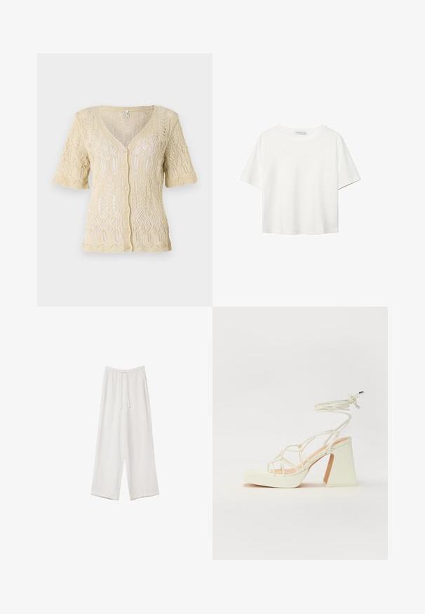 Cardigan tricoté en beige doux avec un col en V, des manches courtes et une fermeture à boutons. Présente des motifs en dentelle complexes et un tissu texturé.; T-shirt blanc à manches courtes en coton. Doté d'un col ras du cou et d'une coupe décontractée. Texture lisse sans motifs ni accents visibles.; Pantalons larges blancs en tissu léger. Dotés d'une taille élastique avec cordon de serrage et de poches latérales. Texture lisse.; Sandale blanche à talons hauts avec un talon épais, présentant un design à lanières et un lien autour de la cheville. Texture lisse avec une plateforme à l'avant pour une hauteur supplémentaire.