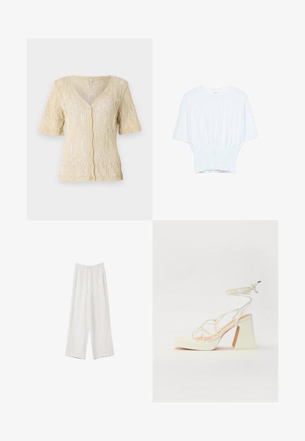 Cardigan tricoté en beige doux avec un col en V, des manches courtes et une fermeture à boutons. Présente des motifs en dentelle complexes et un tissu texturé.; T-shirt blanc à manches courtes avec une coupe décontractée et une texture froncée à la taille. Fabriqué en tissu doux et léger.; Pantalons larges blancs en tissu léger. Dotés d'une taille élastique avec cordon de serrage et de poches latérales. Texture lisse.; Sandale blanche à talons hauts avec un talon épais, présentant un design à lanières et un lien autour de la cheville. Texture lisse avec une plateforme à l'avant pour une hauteur supplémentaire.