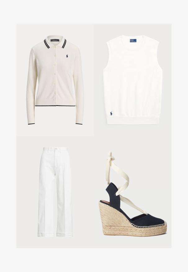 Kremfarget strikket cardigan med klassisk krage, marineblå kant og seks knapper. Har et brodert logo på venstre bryst.; Hvit ermeløs genser laget av glatt bomull, med ribbestrikket kant og en liten marineblå logo nederst til venstre. Enkelt design, ingen mønstre.; Hvite vidde bukser med høy midje, med knappelukking og subtile sømdetaljer. Laget av bomull med en glatt tekstur.; Marine blå lærret kile sandal med jute såle og kremfargede bånd rundt ankelen. Lukket hæl og rund tå-design.