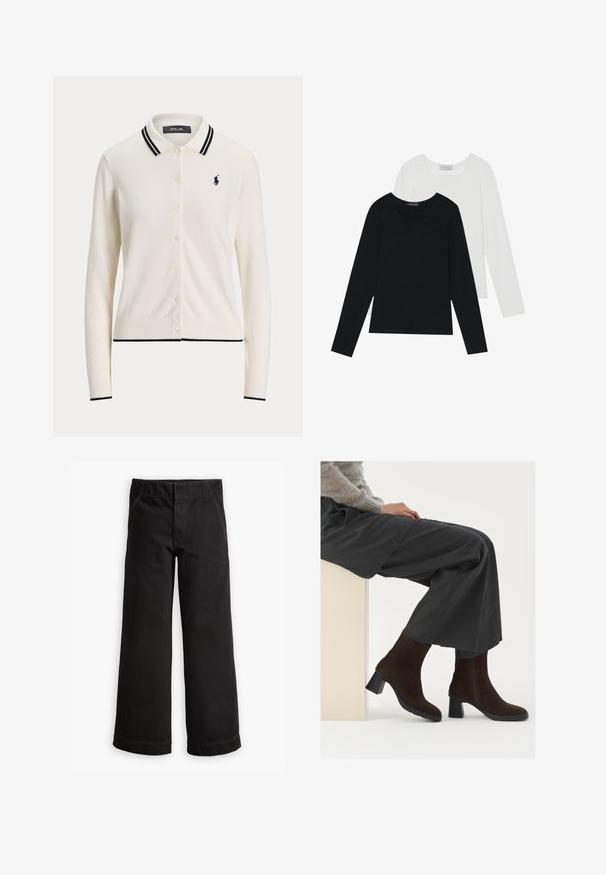 Κρέμα μοντερνισμένη πλεκτή ζακέτα με κλασικό γιακά, ναυτικό περιθώριο και έξι κουμπιά. Διαθέτει κεντημένο λογότυπο στο αριστερό στήθος.; Δύο μπλούζες με μακρύ μανίκι, μία μαύρη και μία άσπρη, και οι δύο με τετράγωνη λαιμόκοψη και φτιαγμένες από μαλακό, ελαστικό ύφασμα.; Μαύρο βαμβακερό παντελόνι με φαρδιά σχεδίαση, διαθέτοντας ζώνη με ελαστικότητα, μπροστινές τσέπες και μανσέτες στον αστράγαλο.; Καφέ σουέτ ankle boots με τετράγωνη φτέρνα και πλαϊνό φερμουάρ, συνδυασμένα με χαλαρές γκρι παντελόνες, που κάθονται σε έναν ανοιχτόχρωμο βάθρο.