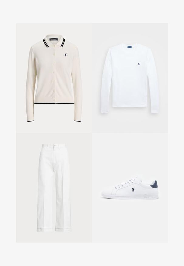 Kremowy sweter dzianinowy z klasycznym kołnierzykiem, granatowymi wykończeniami i sześcioma guzikami. Posiada haftowane logo na lewej piersi.; Biała koszula z długim rękawem, wykonana z bawełny, okrągły dekolt, z małym granatowym logo na lewej piersi. Prosty wzór, standardowy krój.; Białe, szerokie spodnie z wysokim stanem, z zapięciem na guzik i subtelnymi detalami wyszycia. Wykonane z bawełny o gładkiej fakturze.; Białe skórzane sneakersy o gładkim wykończeniu, granatowe akcenty i małe logo po boku. Posiadają płaskie sznurowadła i teksturowaną gumową podeszwę.